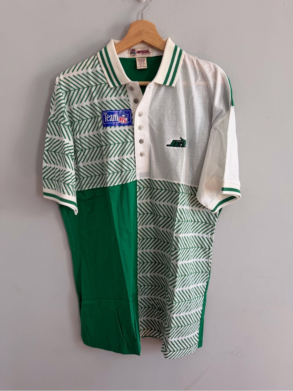 Vintage New York Jets Polo Shirt Color Block Print Mixed Print Geometric Size L